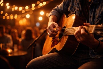 Fototapeta premium Musician Playing Acoustic Guitar Live in a Warm Lit Venue