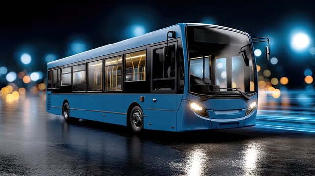 Glowing blue wireframe bus drives on dark reflective surface with blue light trails in a vibrant digital environment