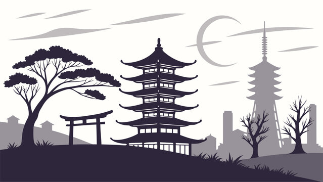 Vector illustration of japanese temple pagoda and torii gate silhouette with silhouette landscape tradition