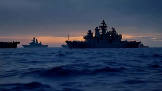 Military navy fleet sailing on the open sea at sunset with silhouettes of battleship, destroyer, cruiser, and frigate during a naval exercise in international waters