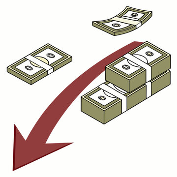 A vector graphic illustration of money bills with a downward arrow indicating financial loss or decrease