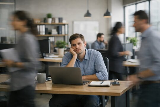 Bored Worker Looking at Laptop in a Busy Open Plan Office