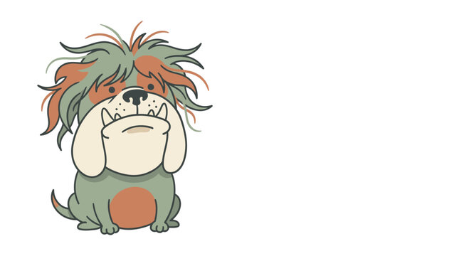 A cute cartoon illustration of a shaggy, grumpy bulldog with messy green and orange fur, sitting and looking forward with an underbite.