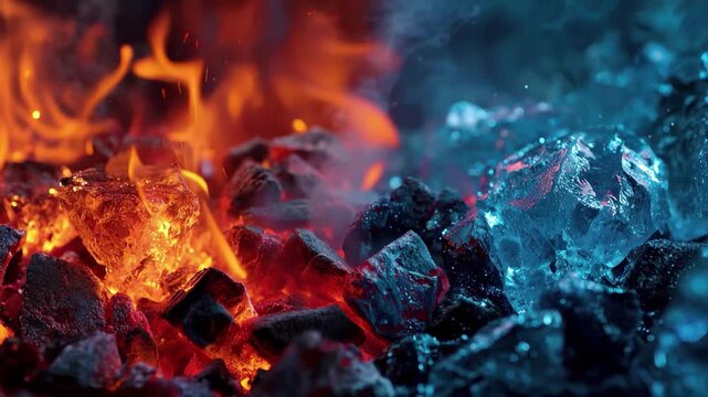Contrast of fire and ice glowing embers and frozen crystals