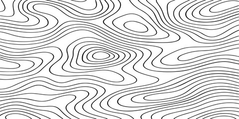Seamless vector illustration of abstract black and white topographic map contour lines, featuring smooth flowing elevation curves and layered geographic patterns in a high-contrast monochrome style. © Deep Earth 