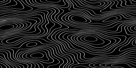 Seamless vector illustration of abstract black and white topographic map contour lines, featuring smooth flowing elevation curves and layered geographic patterns in a high-contrast monochrome style. © Deep Earth 