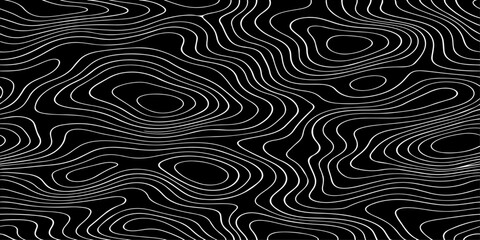 Seamless vector illustration of abstract black and white topographic map contour lines, featuring smooth flowing elevation curves and layered geographic patterns in a high-contrast monochrome style. © Deep Earth 