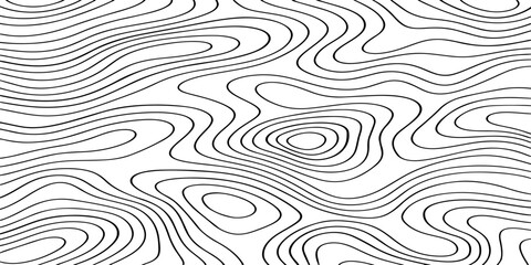 Seamless vector illustration of abstract black and white topographic map contour lines, featuring smooth flowing elevation curves and layered geographic patterns in a high-contrast monochrome style. © Deep Earth 