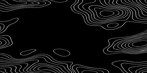 Seamless vector illustration of abstract black and white topographic map contour lines, featuring smooth flowing elevation curves and layered geographic patterns in a high-contrast monochrome style. © Deep Earth 