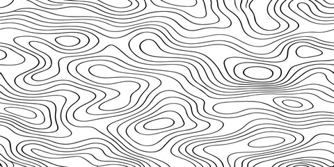 Seamless vector illustration of abstract black and white topographic map contour lines, featuring smooth flowing elevation curves and layered geographic patterns in a high-contrast monochrome style. © Deep Earth 