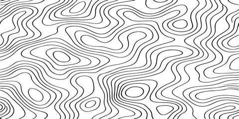Seamless vector illustration of abstract black and white topographic map contour lines, featuring smooth flowing elevation curves and layered geographic patterns in a high-contrast monochrome style. © Deep Earth 