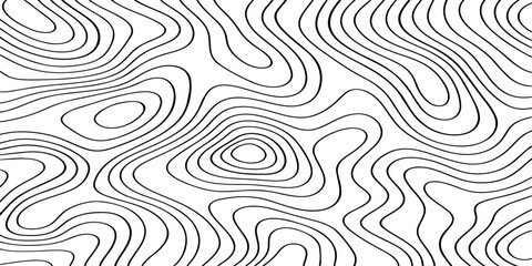 Seamless vector illustration of abstract black and white topographic map contour lines, featuring smooth flowing elevation curves and layered geographic patterns in a high-contrast monochrome style. © Deep Earth 