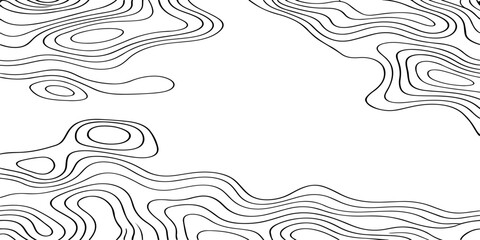 Seamless vector illustration of abstract black and white topographic map contour lines, featuring smooth flowing elevation curves and layered geographic patterns in a high-contrast monochrome style. © Deep Earth 