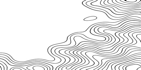Seamless vector illustration of abstract black and white topographic map contour lines, featuring smooth flowing elevation curves and layered geographic patterns in a high-contrast monochrome style. © Deep Earth 