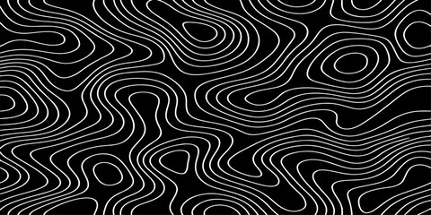 Seamless vector illustration of abstract black and white topographic map contour lines, featuring smooth flowing elevation curves and layered geographic patterns in a high-contrast monochrome style. © Deep Earth 