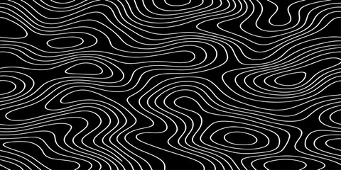 Seamless vector illustration of abstract black and white topographic map contour lines, featuring smooth flowing elevation curves and layered geographic patterns in a high-contrast monochrome style. © Deep Earth 