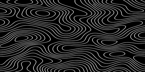 Seamless vector illustration of abstract black and white topographic map contour lines, featuring smooth flowing elevation curves and layered geographic patterns in a high-contrast monochrome style. © Deep Earth 