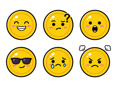 Set of Six Yellow Emoticon Faces with Different Expressions.