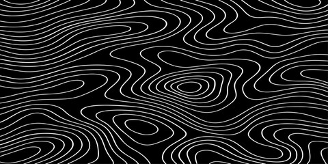 Seamless vector illustration of abstract black and white topographic map contour lines, featuring smooth flowing elevation curves and layered geographic patterns in a high-contrast monochrome style. © Deep Earth 