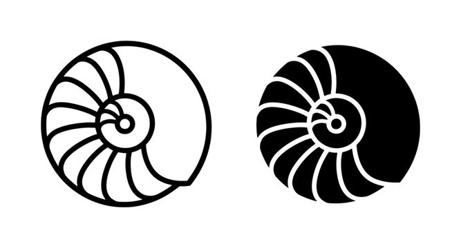 Nautilus Shell Vector Icons, Outline and Silhouette, Marine Life Symbol, Oceanographic Geometry, Natural Spiral Design