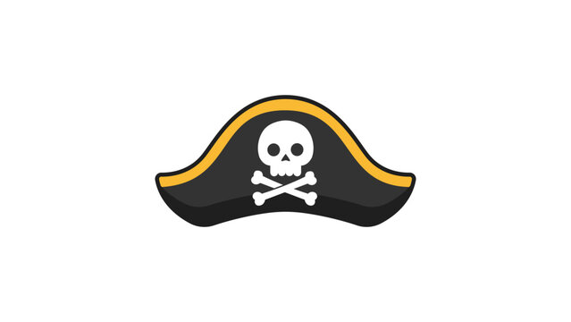 Pirate Hat Vector Icon Illustration with Skull and Crossbones Jolly Roger Symbol, Modern Flat Design Tricorne Hat with Yellow Trim and Editable Stroke for Sea Adventure and Pirate Themed Art.