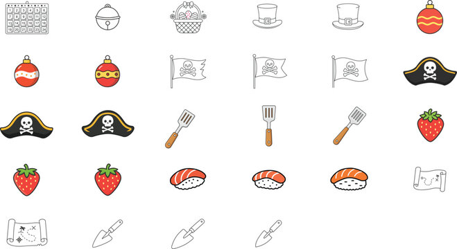 28 Hand-drawn vector icon set: Christmas ornaments, pirate hats, sushi, strawberries, garden tools, and treasure maps. Minimalist line art collection with editable stroke for custom line weight.