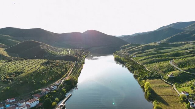 Scenic aerial view of douro river valley bridge