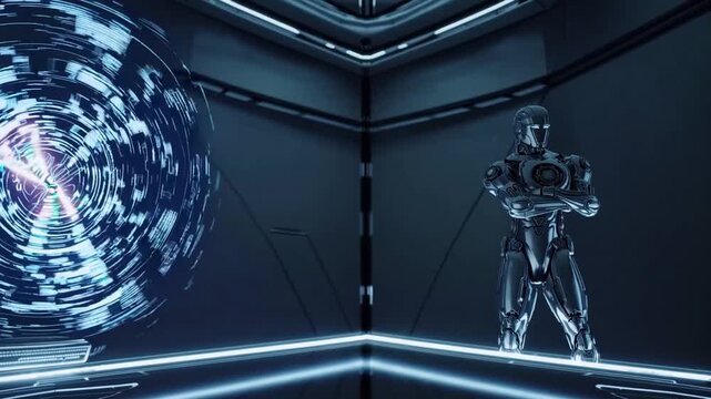 Hightech corridor with vigilant sentinel. Cyberpunk scene featuring armored guard and neon lighting. Defensive robot stands alert near rotating hologram amidst cyberpunk style hightech environment