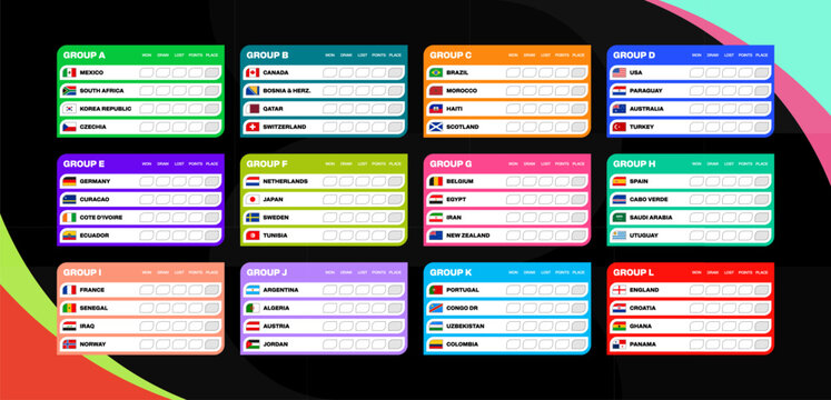 Modern Football 2026 Tournament Group Tables Organizing National Teams for Qualification Stages Presentation