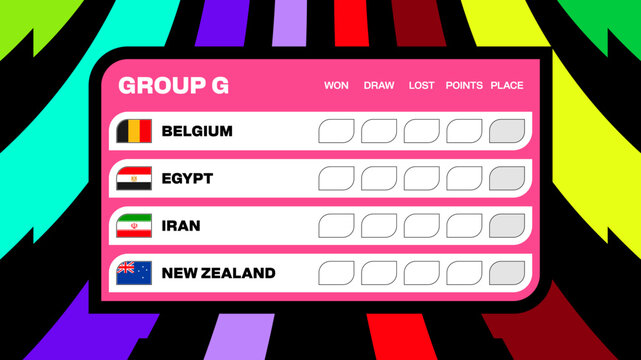 Vibrant Football 2026 Tournament Group G Table with National Team Flags for Sports Competition Announcement Design.