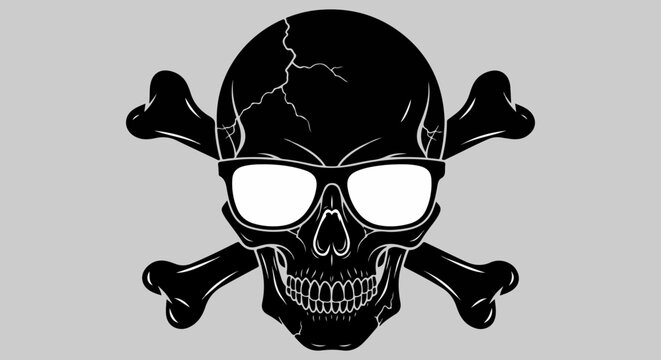 Black skull and crossbones vector illustration, edgy human cranium with sunglasses and cracked texture, pirate jolly roger graphic for apparel design