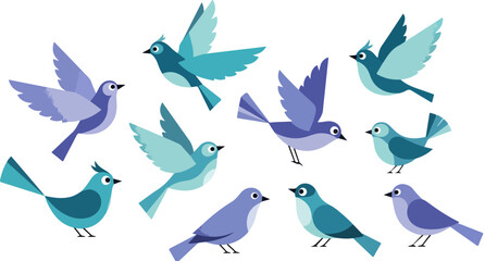 Obraz premium Blue bird vector set, collection of 10 flying and perched songbirds in flat style, decorative blue and purple avian characters for nature design