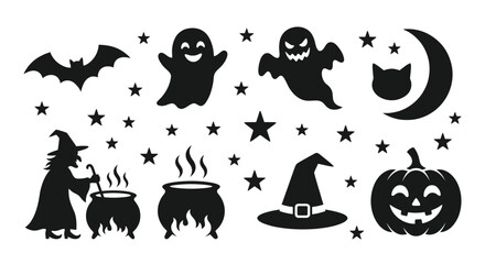 Obraz premium Halloween silhouettes depict spooky ghosts bats a witch and pumpkin