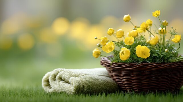 Close up shot of a wicker picnic basket filled with buttercups and green blanket on grass with blurred background of yellow flowers under natural light