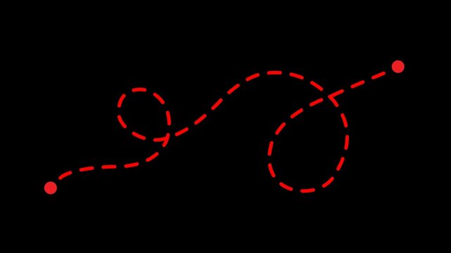 Red dashed loopy travel path animation, hand-drawn winding dotted line, playful flight route, black background