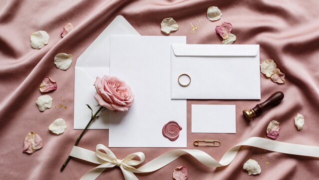 Flat lay of wedding stationery on a pink fabric background. Includes envelopes, a rose, a ring, and dried flower petals.