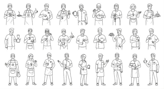 Coffee Shop Staff Line Art Vector Set, Barista Cafe Workers Outline Icons Collection