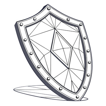 Vector illustration of an abstract shield with low poly pattern and decorative metallic studs, protection