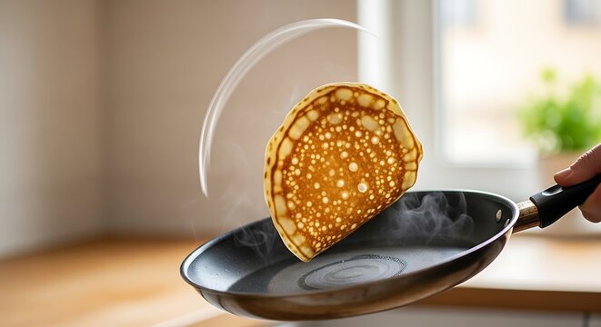 Golden pancake being flipped in a frying pan mid-air