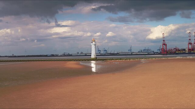 Timelapse of Perch Rock Lighthouse and Industrial Shipping Port in New Brighton UK 4K