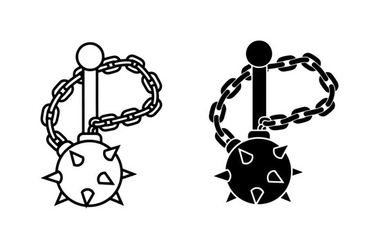 Medieval Flail Weapon Vector Icons, Spiked Ball and Chain Combat Tool, Historical Warfare Symbol, Black and White Graphic Elements