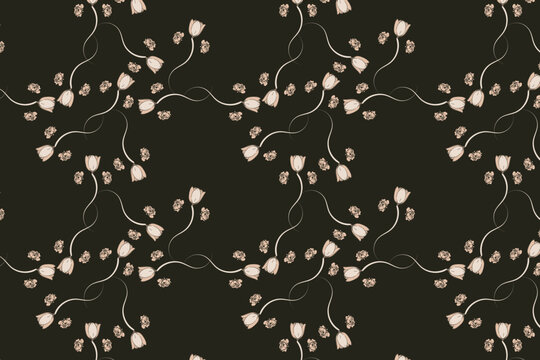 High-contrast black floral seamless pattern with soft blush pastel accents, blending modern elegance and couture style for luxury packaging, textiles, wallpaper, and refined stationery use.