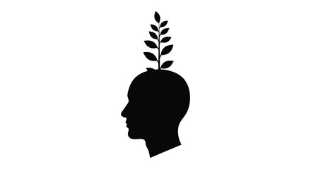 A striking depiction of a human head in profile with a branch and leaves growing from the skull silhouette © Ajahar