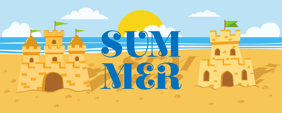 Summer beach background with sandcastles and ocean. Sunny coastline with sand towers, blue sea, and text. Vector illustration