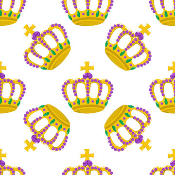 Seamless pattern with golden royal crowns and purple jewels. Majestic gold tiara background, isolated on white. Vector illustration