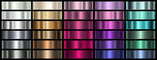 A set of shiny colored metallic gradients on a black background. A collection of metal banners. Metallic gradient effects for text and infographic design. Vector EPS 10. © Helga1