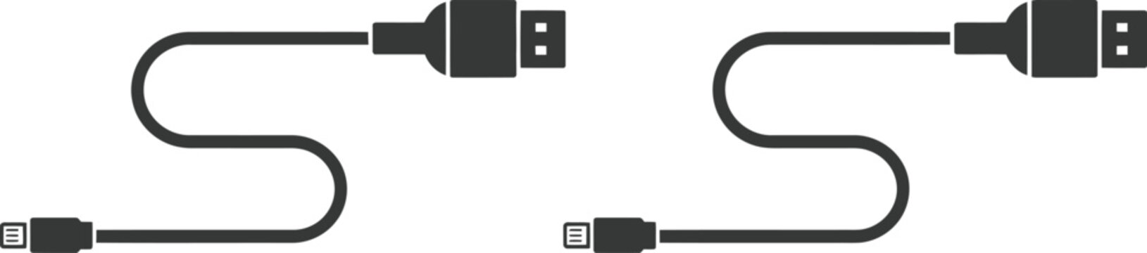 USB cable icons vector set including Type C, Type A, Lightning, and Micro USB charging ports, smartphone charger cable symbols, minimal tech device connection elements