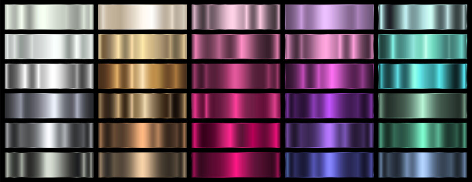A set of shiny colored metallic gradients on a black background. A collection of metal banners. Metallic gradient effects for text and infographic design. Vector EPS 10.