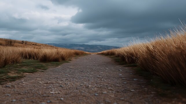 A narrow gravel pathway flanked by tall golden grasses leads into the distance toward rolling hills under an overcast sky