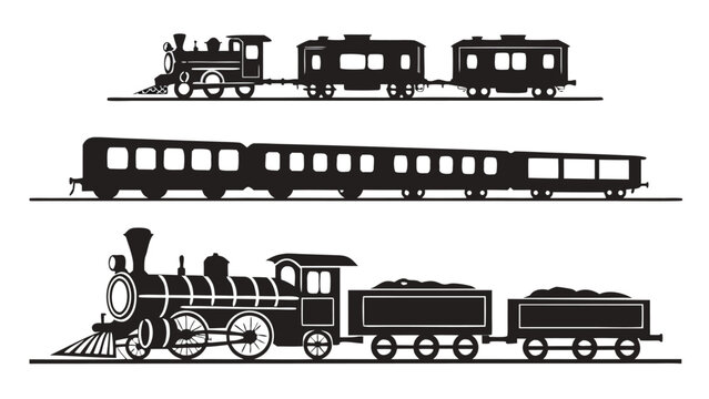 Vector illustration of vintage steam train and carriages silhouettes with locomotive carriage railroad